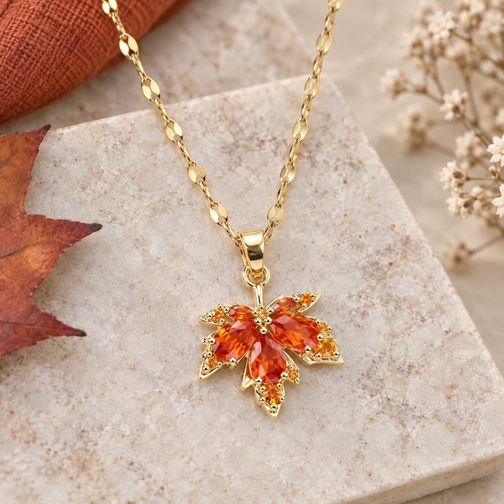 18K Gold Plated Maple Leaf Necklace Orange CZ Fall Autumn Jewelry 16"